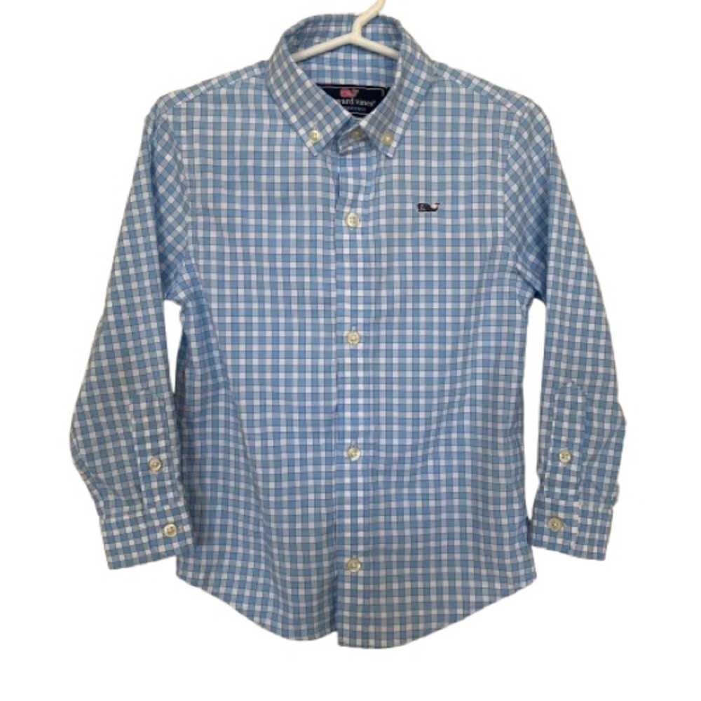 Vineyard Vines Boy's Button Down Whale Shirt Size 3T Light Blue Checked Sundays